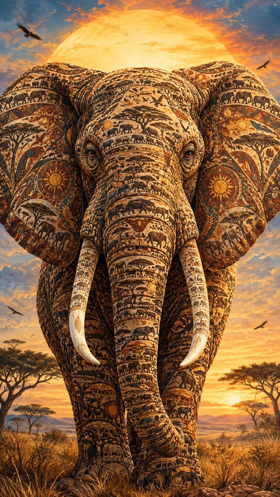 Maestoso ritratto di elefante sotto un vasto cielo dorato all’alba