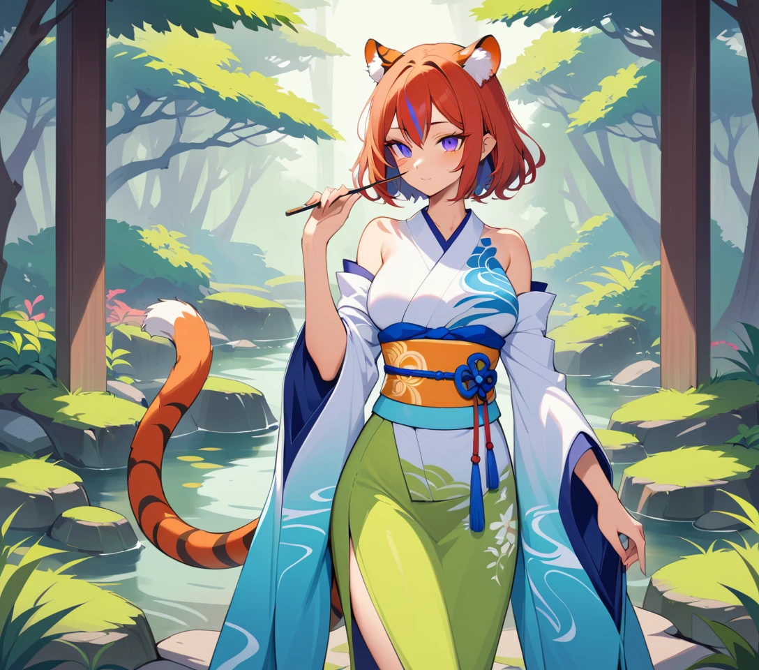 Mystical tigress woman in kimono in tranquil moss garden