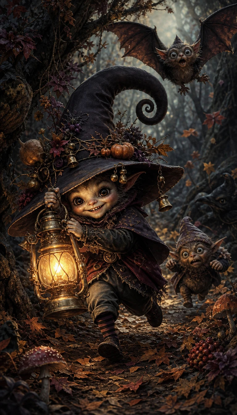 Lutin de la forêt fuyant avec une lanterne antique lumineuse