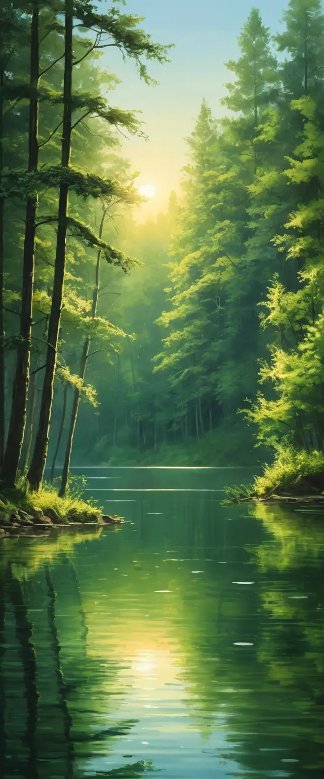 Morning sun rising over a green forest lake with reflections