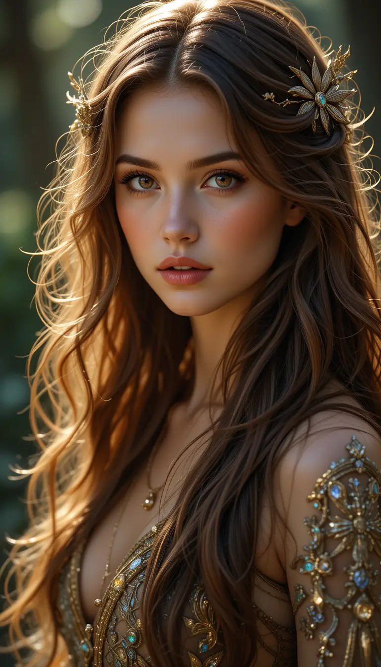 Enchanting fantasy woman with long flowing brown hair