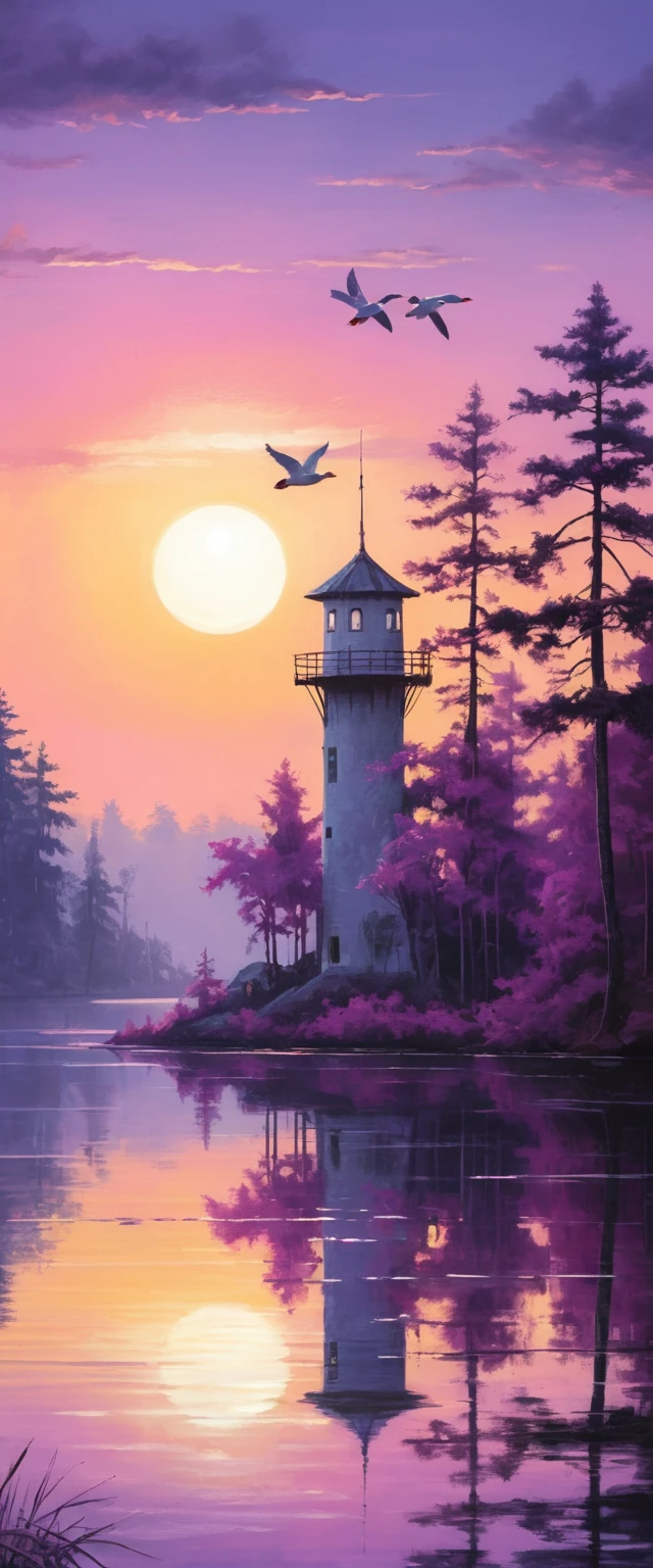 Serene pink forest lake at sunrise with flying ducks