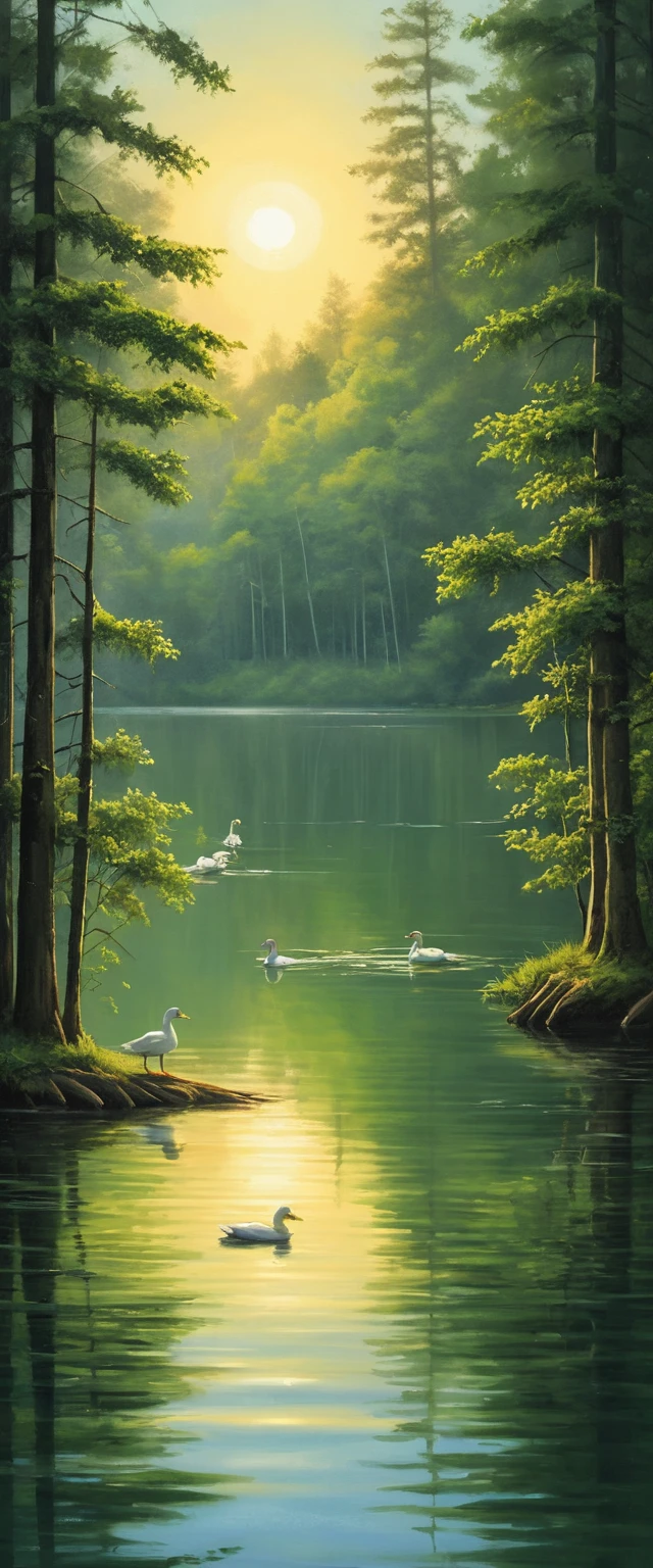 Patos voando sobre um lago de floresta espelhado ao nascer do sol