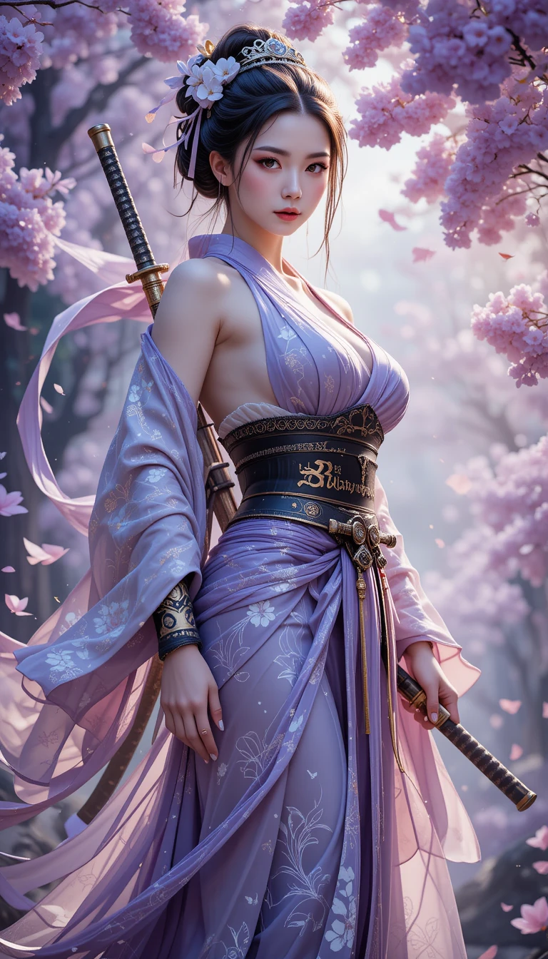 Elegante asiatische Samurai-Kriegerin in fließender Rüstung und Kimono