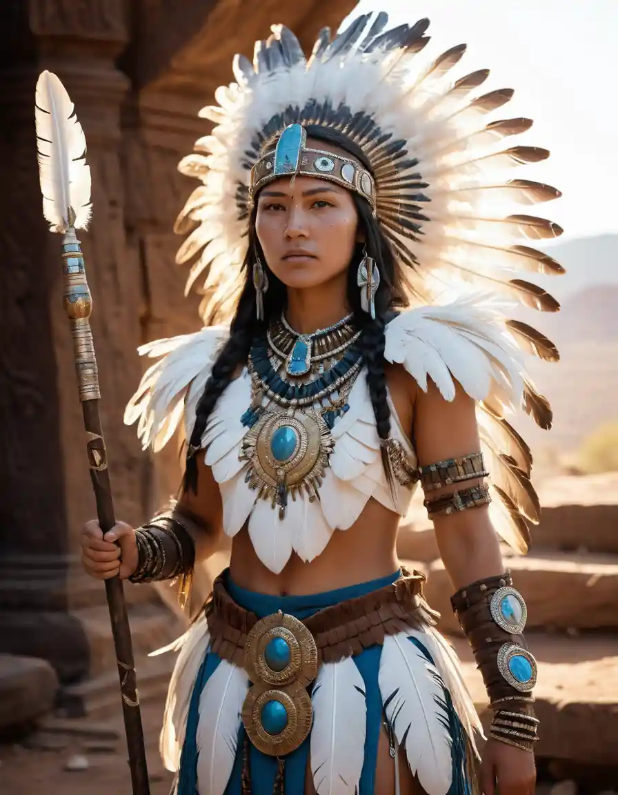 Young shaman apprentice with glowing wings in ancient temple