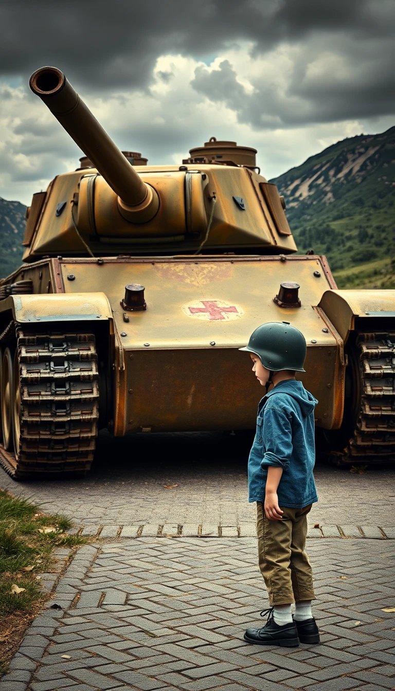 Menino ao lado de tanque enferrujado da guerra nas montanhas