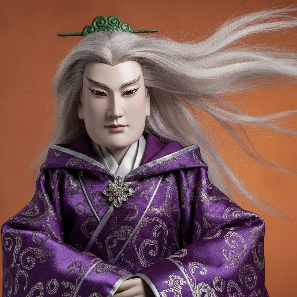 Primer plano cinematográfico de un títere de guante taiwanés de cabello plateado