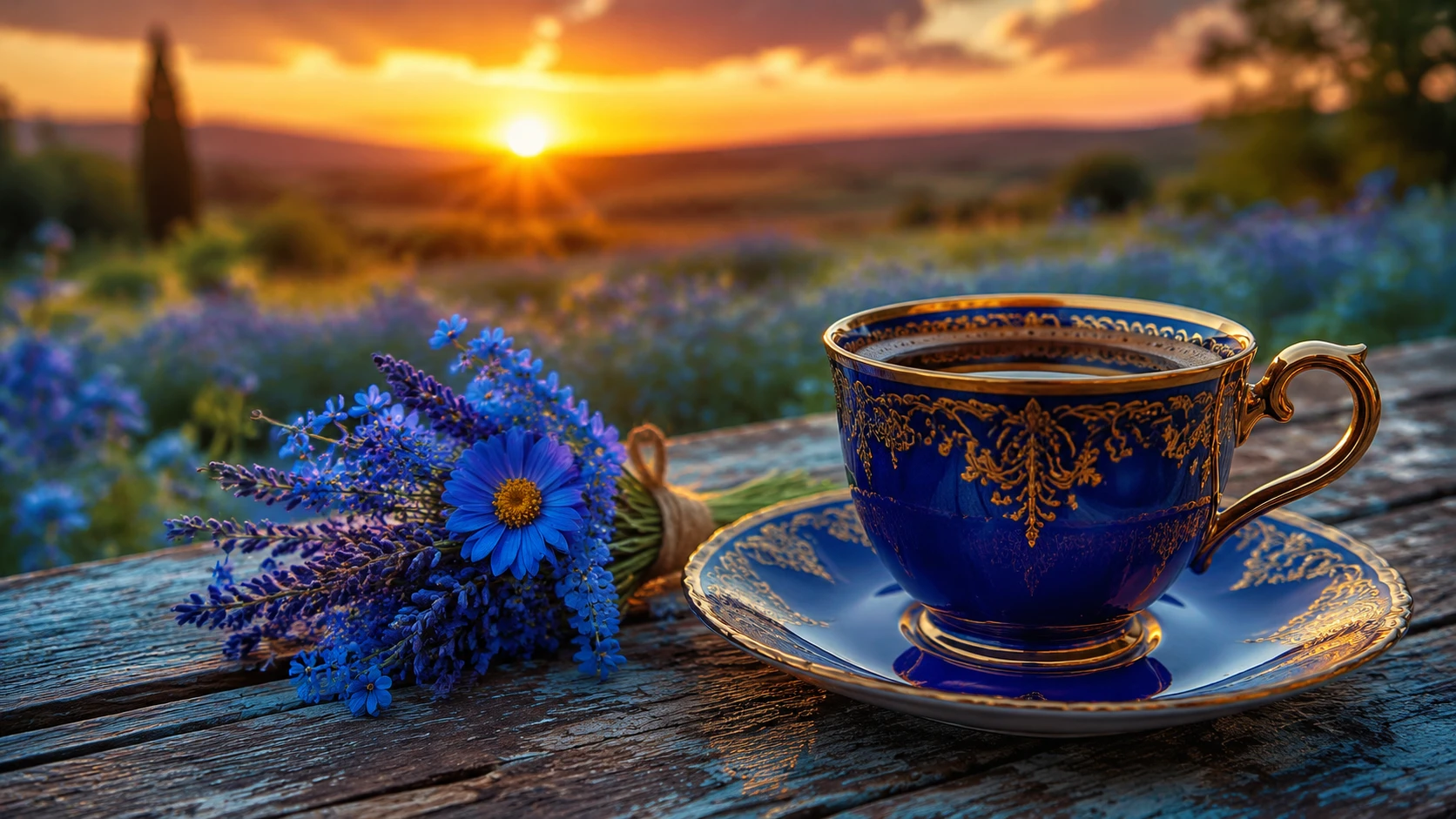Gros plan d’une tasse de café bleue avec des fleurs au coucher du soleil