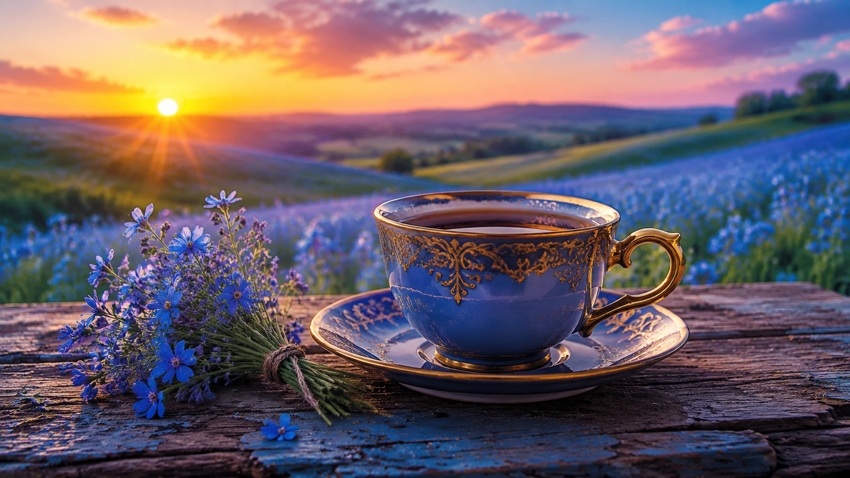 Tasse de café bleue sur table ancienne au coucher de soleil paisible