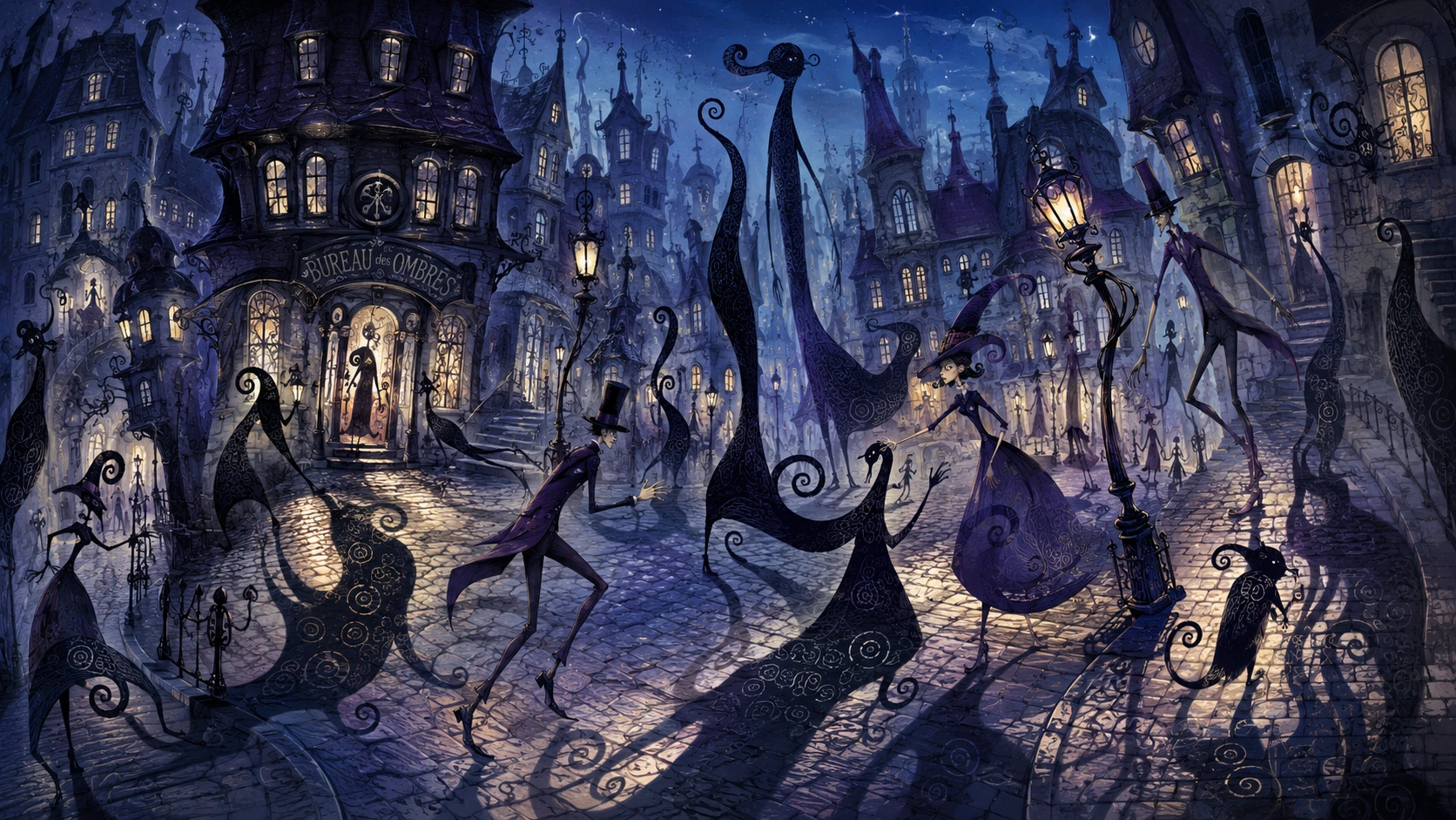 Gotische Fantasy-Stadt der umherwandernden Schatten bei Nacht