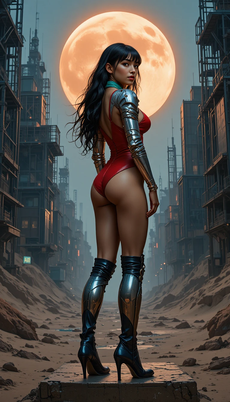 Mystical woman in red swimsuit under giant desert moon