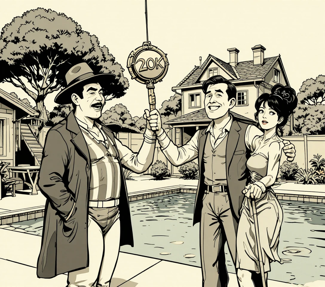 Homens em quadrinhos vintage na piscina com peso perigoso