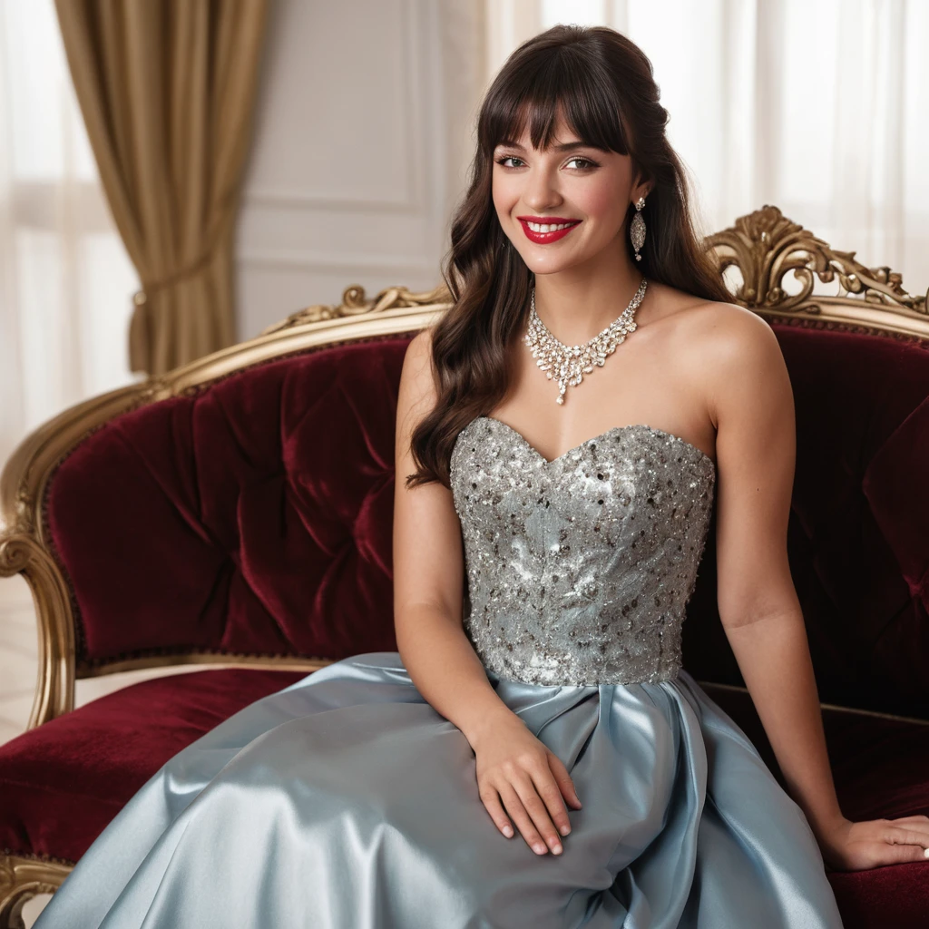 Elegante mediterrane Frau im Satinkleid auf dem Sofa