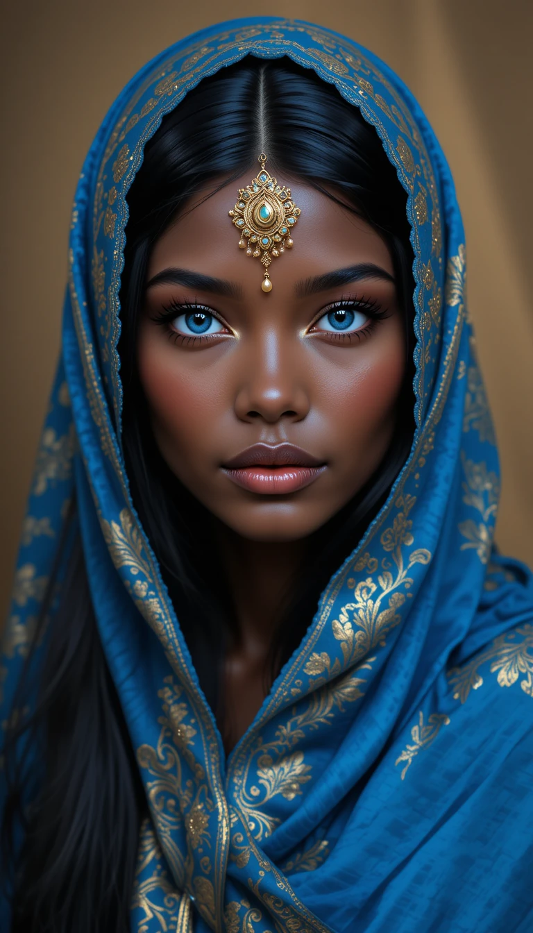 Young woman in blue hijab with gold jewelry portrait