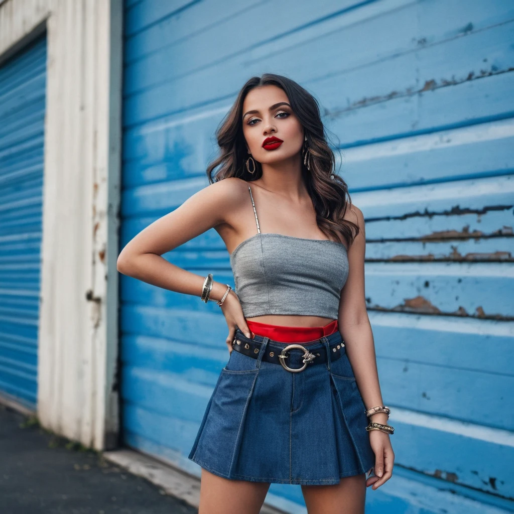 Garota confiante posando diante de um vibrante cenário urbano azul