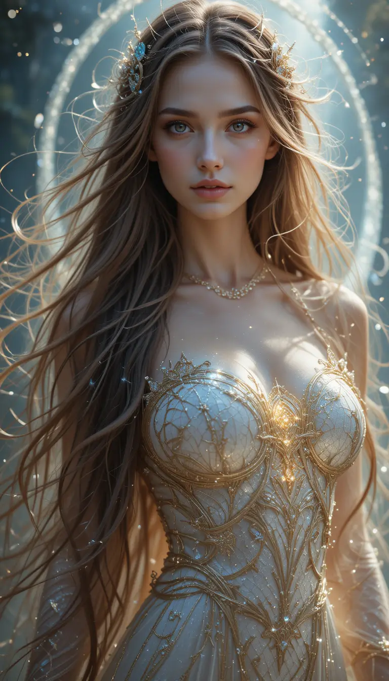 Fantasy woman at the threshold of a shimmering portal