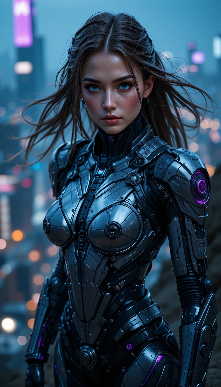 Cyberpunk cyborg warrior woman on a night city cliff