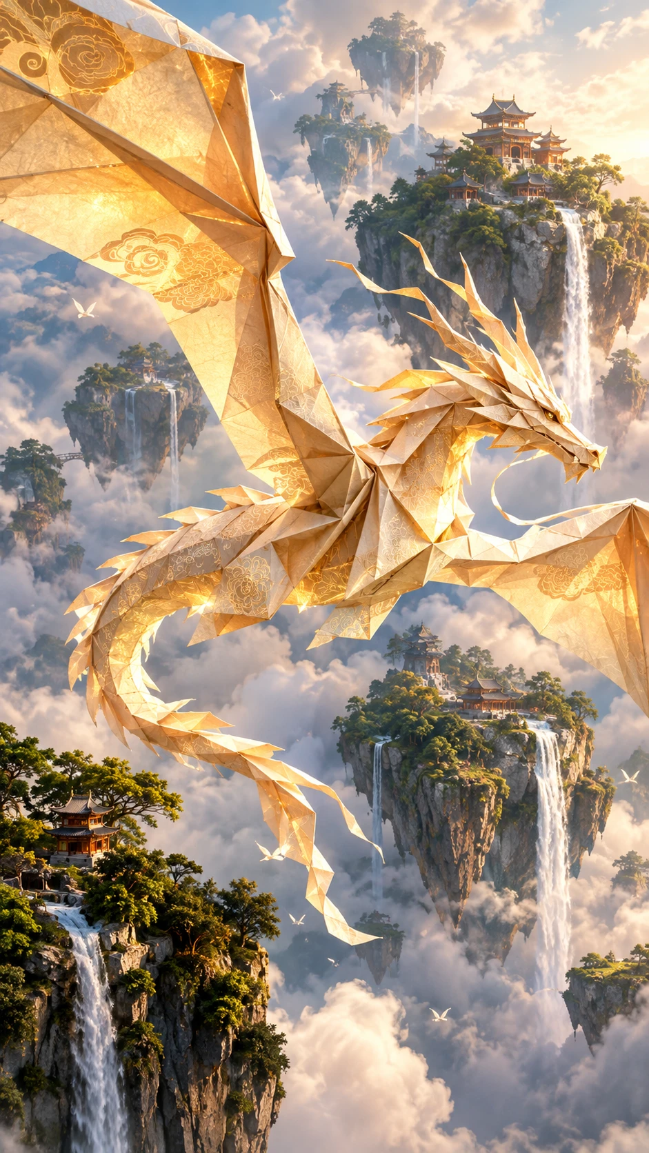 Dragão de origami voando sobre ilhas flutuantes de fantasia envoltas em neblina