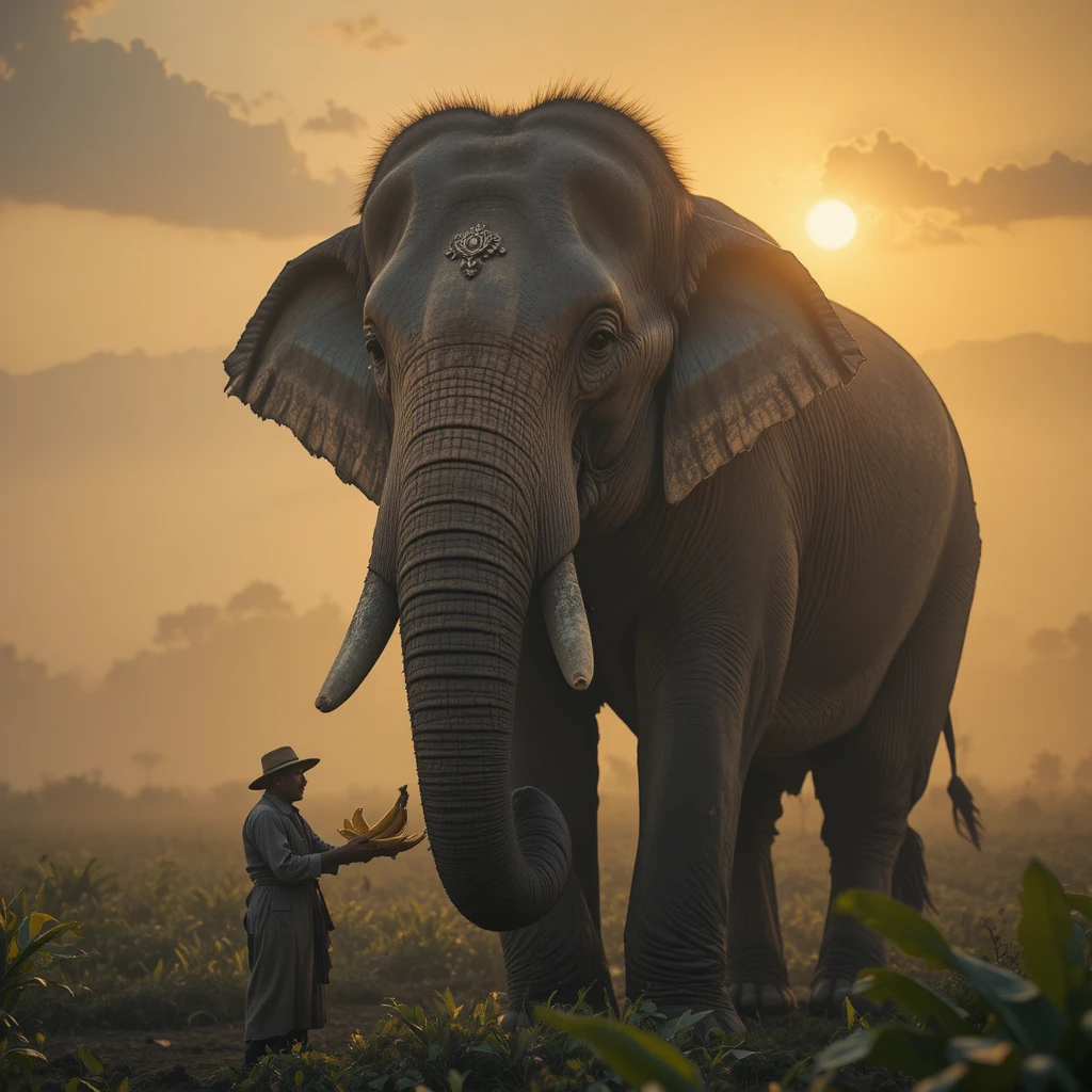 Anciano agricultor alimentando a un elefante asiático al amanecer entre la neblina