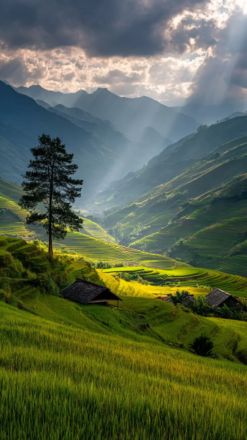 Terraced rice fields at sunrise in misty green mountains