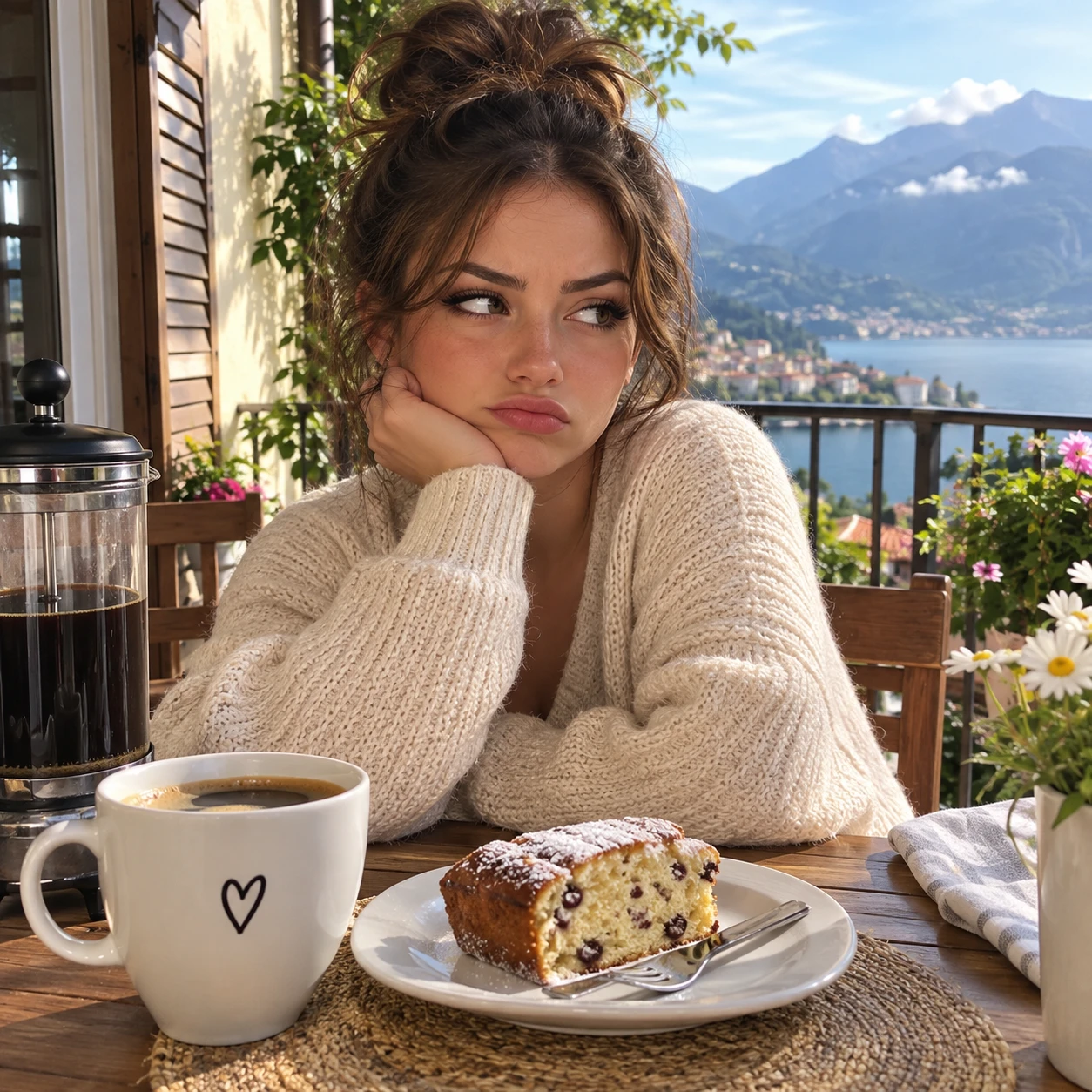 Donna indifferente con caffè del mattino e torta alla finestra