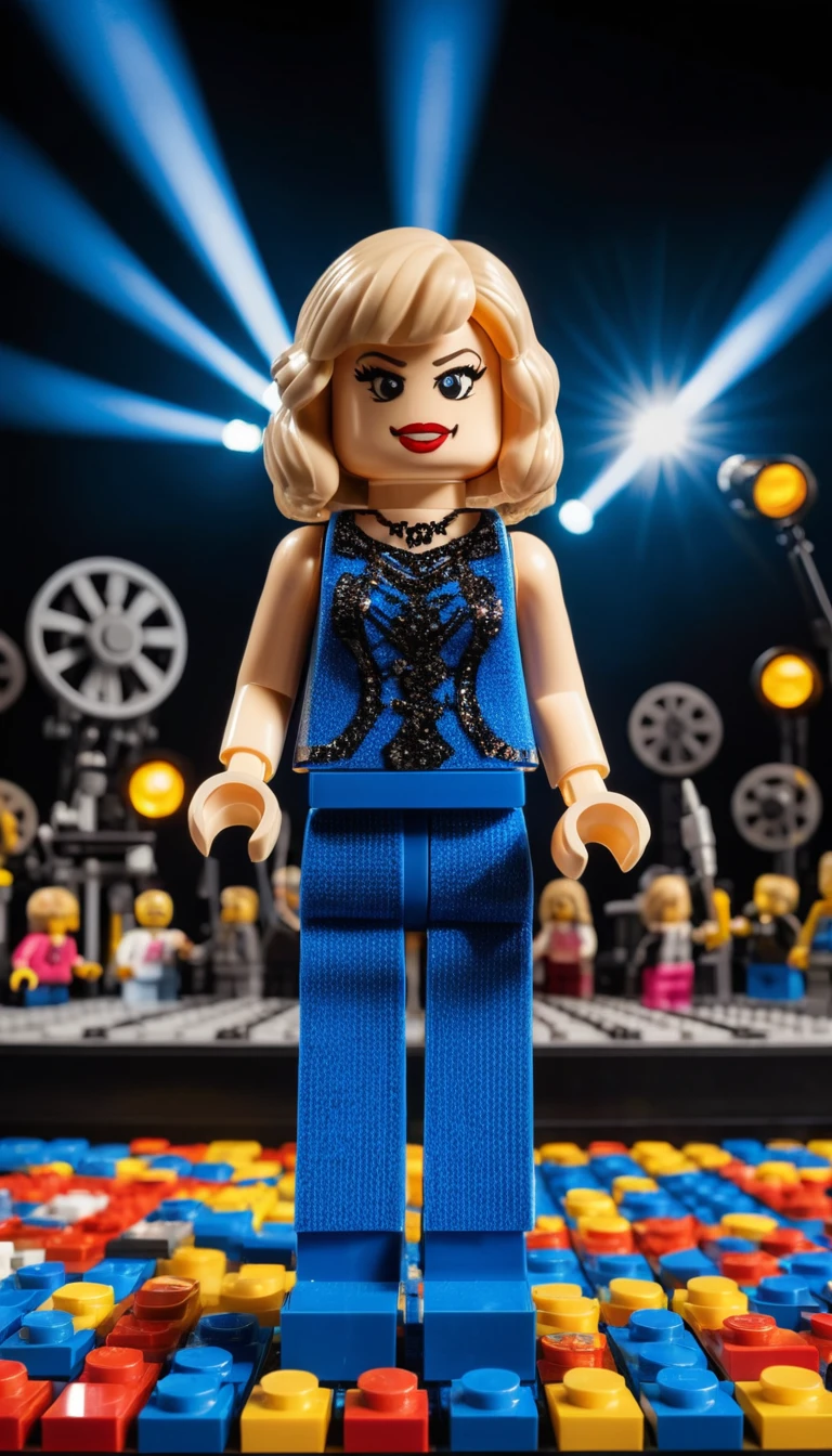 Cantora Lego se apresentando em um palco de show vibrante