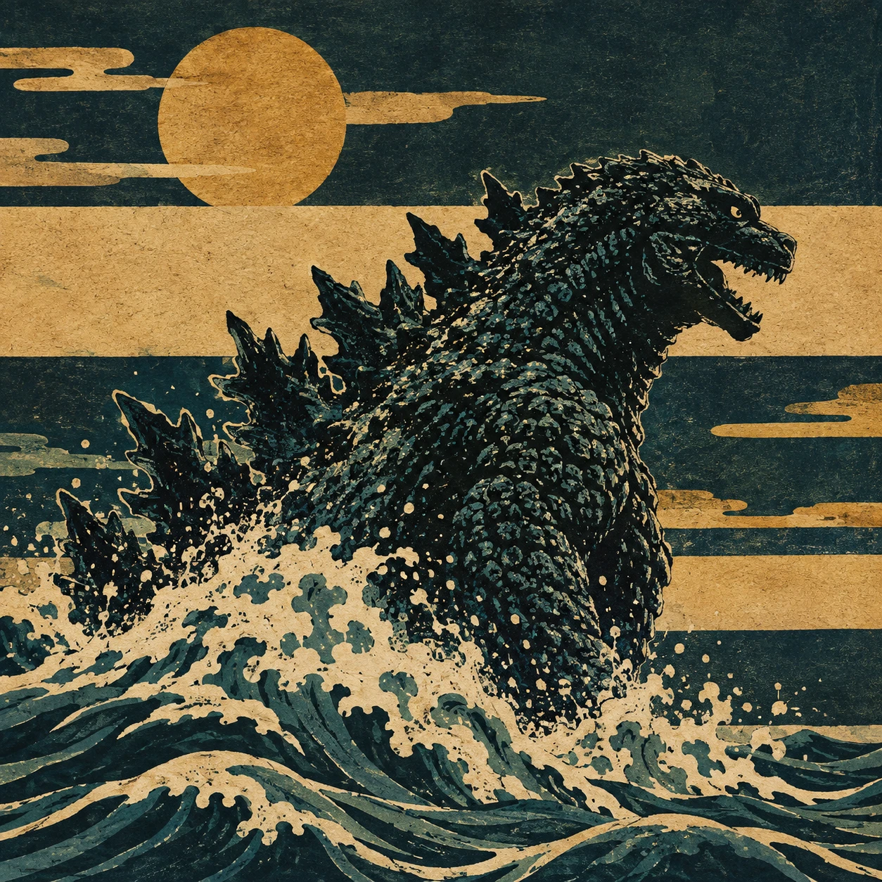 Godzilla che emerge dall’oceano in audace profilo da xilografia
