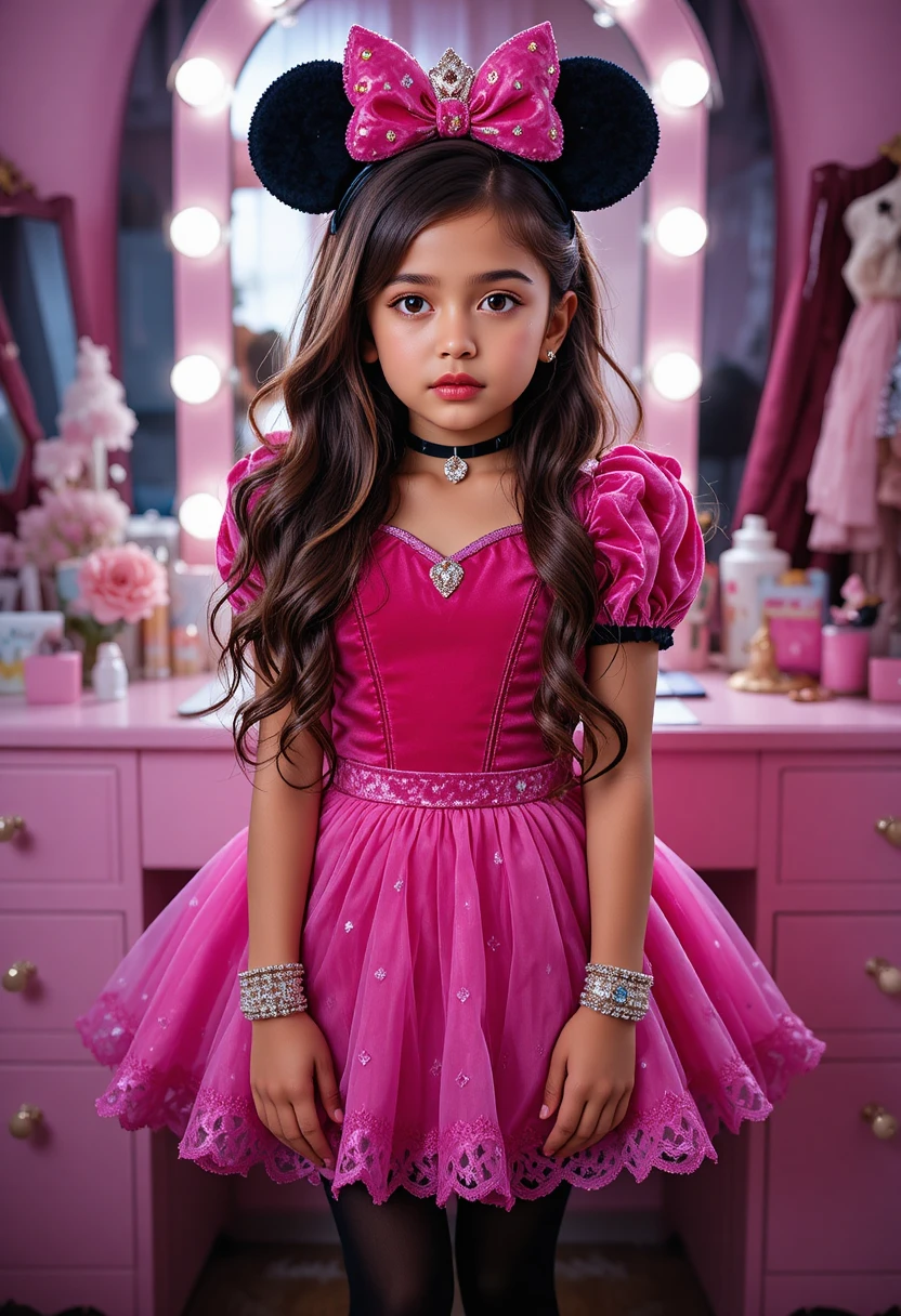 Garoto hispânico pré-adolescente com fantasia de princesa em penteadeira rosa