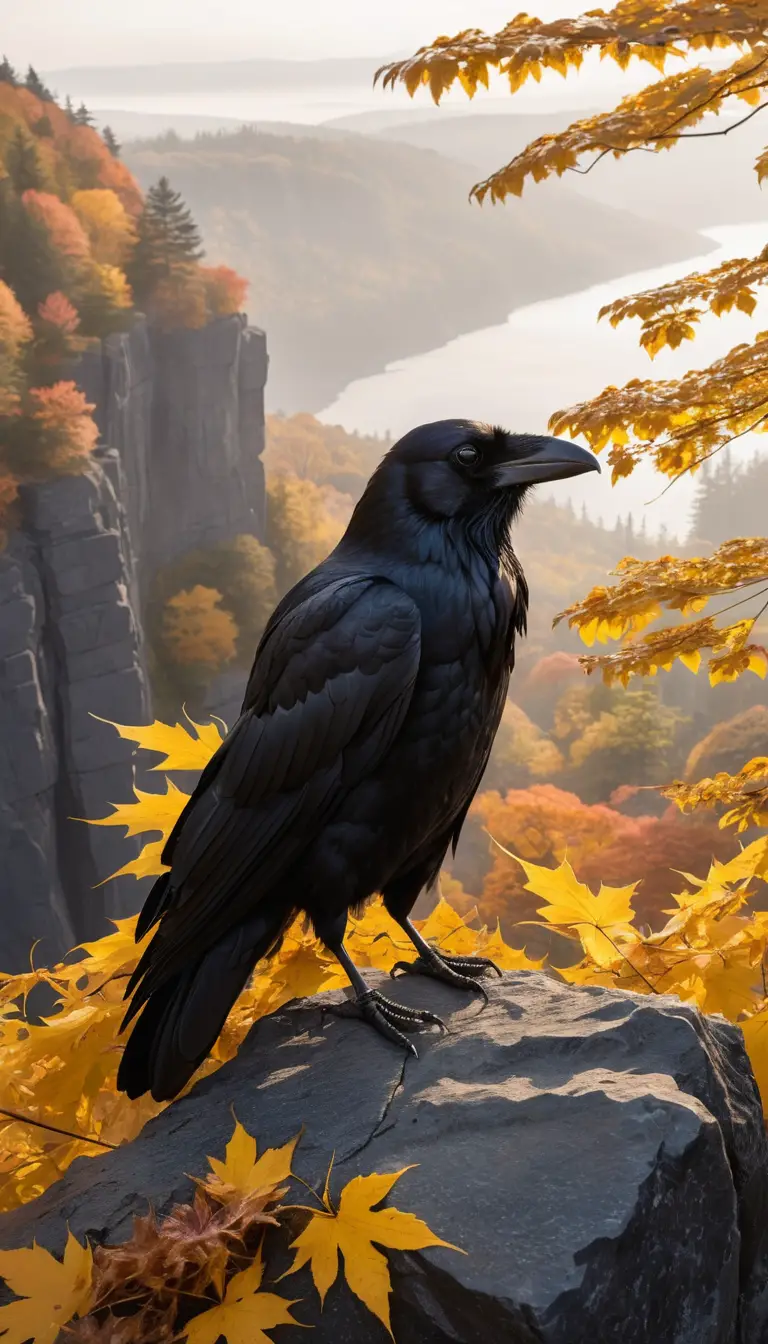 Corbeau en gros plan sur une falaise rocheuse avec feuilles d’érable dorées
