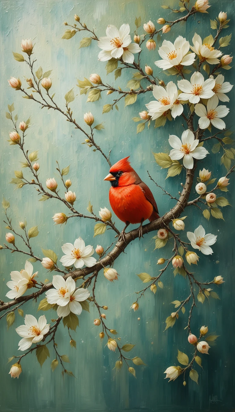 Pássaro vermelho pousado em um galho de árvore florido na primavera