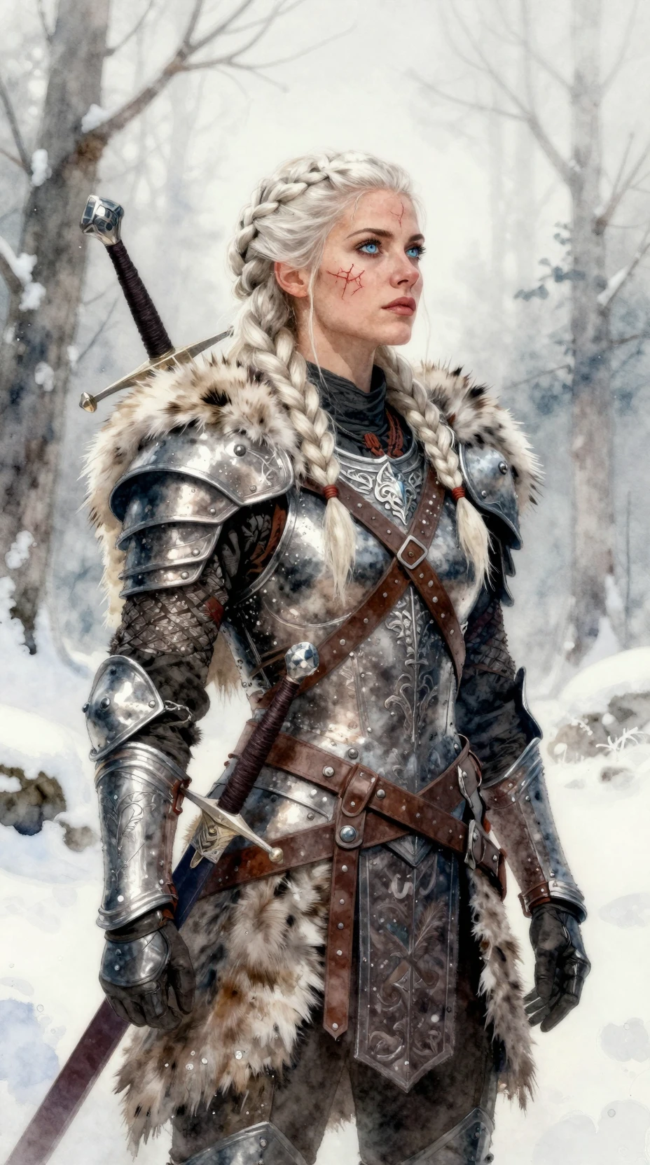 Guerreira viking com cicatrizes em uma floresta nevada e silenciosa