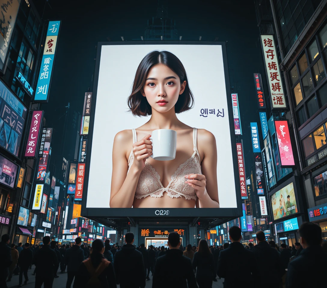 Outdoor com mulher de lingerie branca sobre multidão na cidade neon