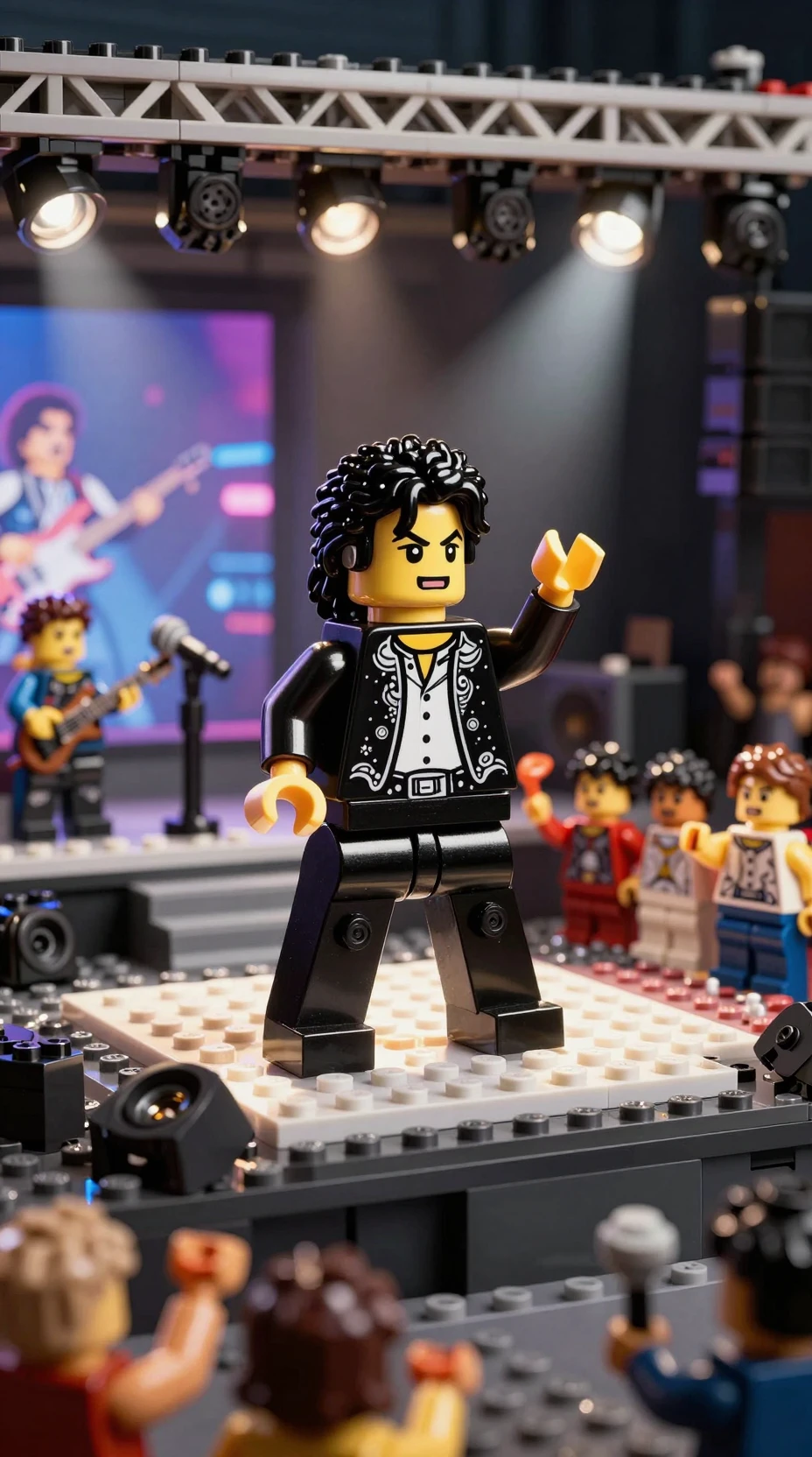 Minifigure Lego pop star che balla sul palco del concerto