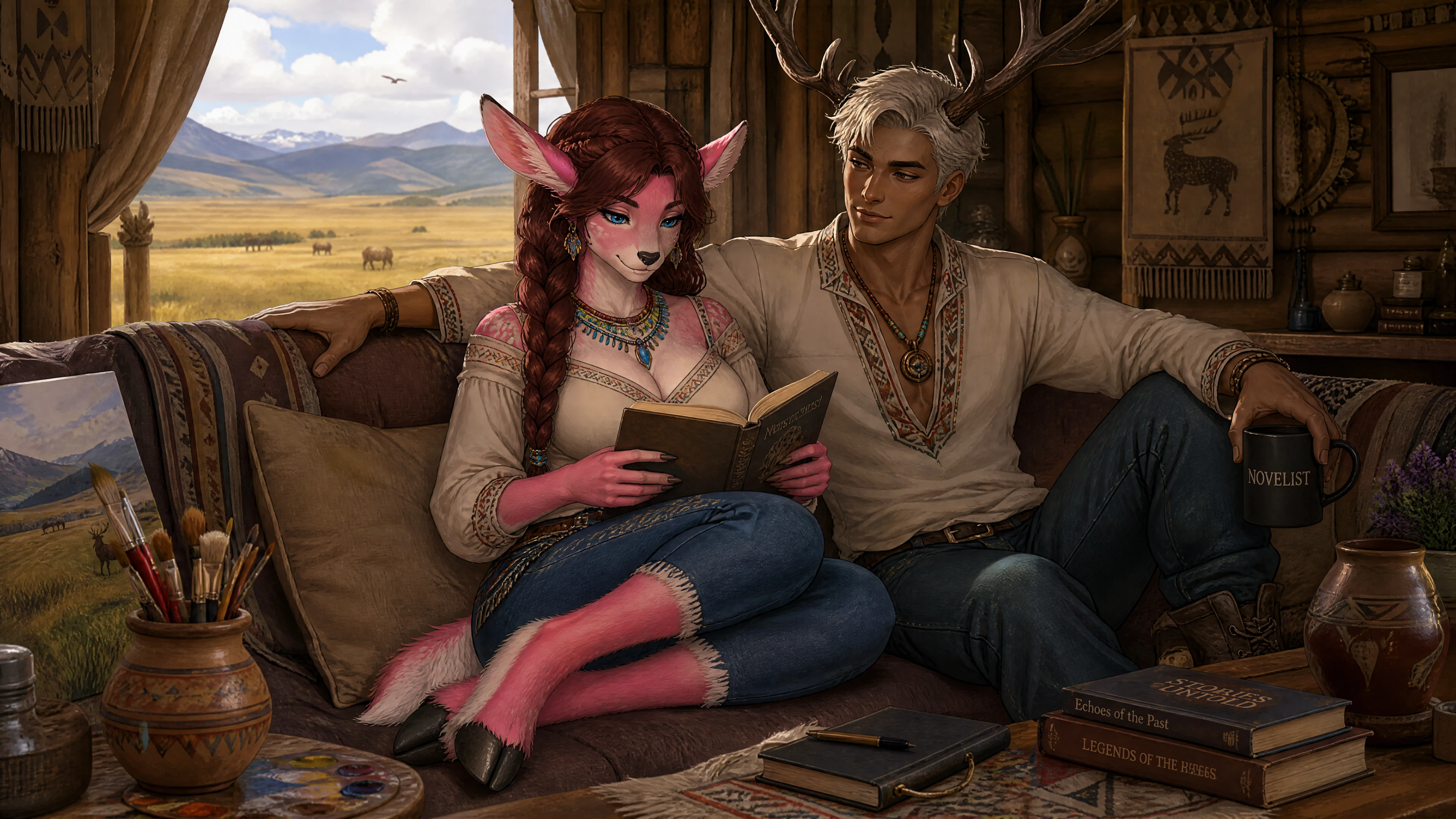 Fantasy deer woman reading on a couch in tribal home