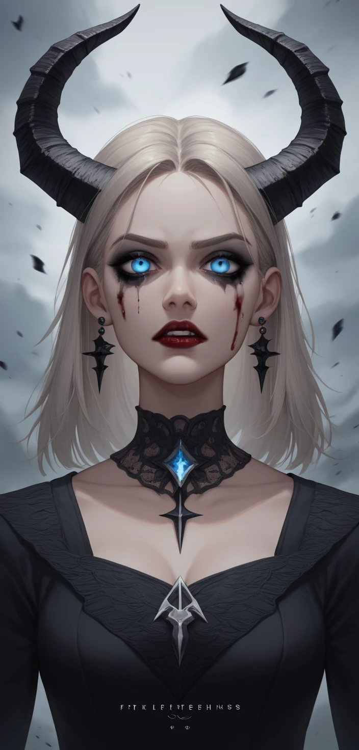 Platinblonde gehörnte Frau mit leuchtend blauen Augen