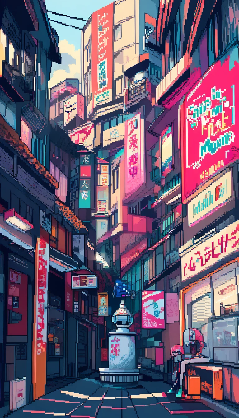 Garota de anime fofa em pixel art ao lado de uma fonte em cidade futurista
