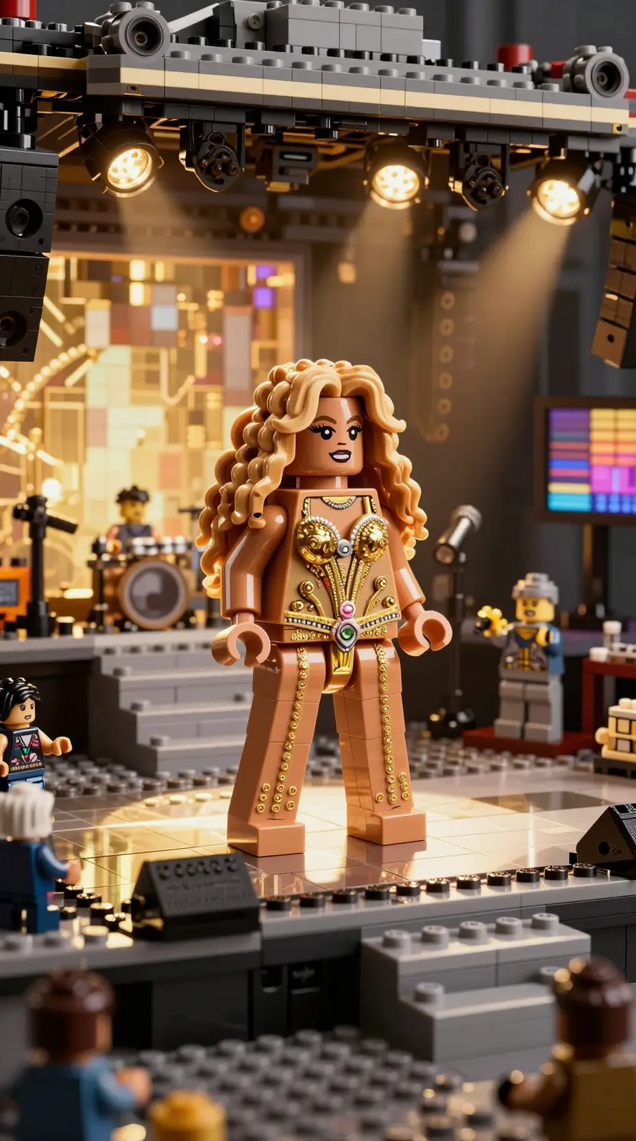 Chanteuse Lego sur une scène de concert futuriste