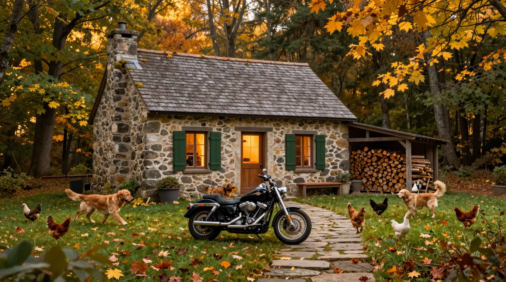 Cottage rustique en pierre dans une forêt d’automne avec moto