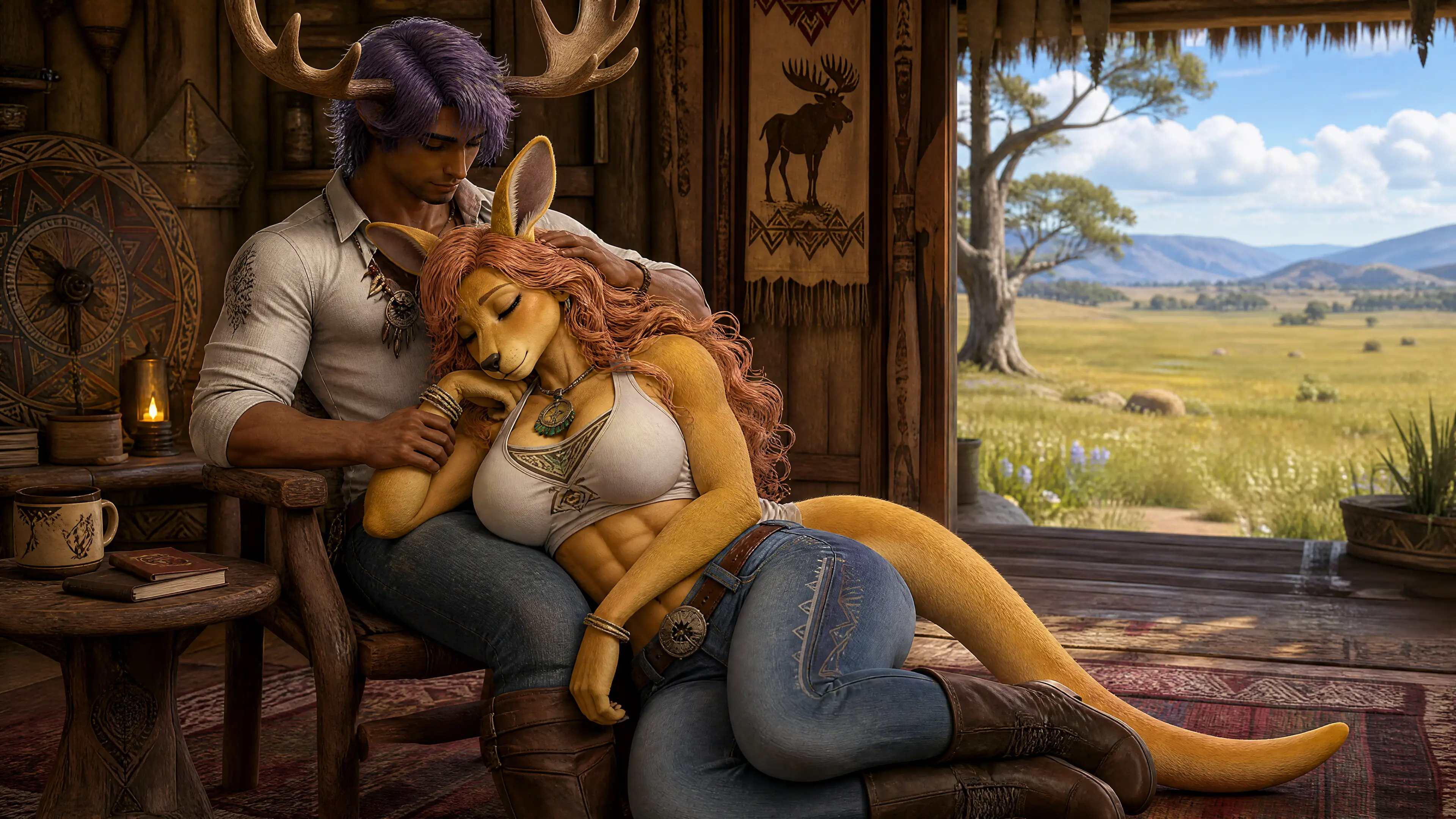 Anthro kangaroo woman sleeping on her antlered husband