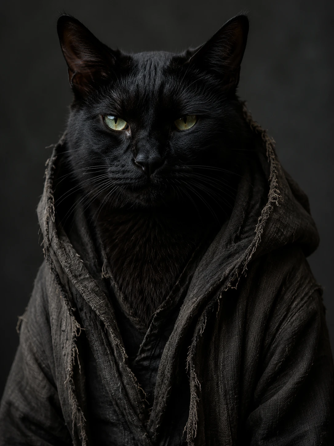 Retrato cinematográfico de um gato preto em um moletom de linho