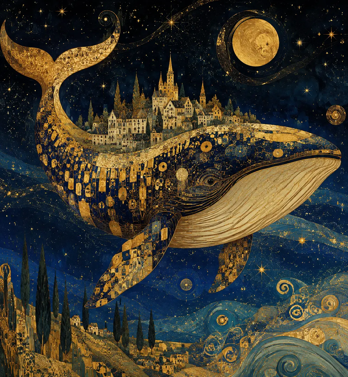 在星空中承載小村莊的宇宙鯨魚