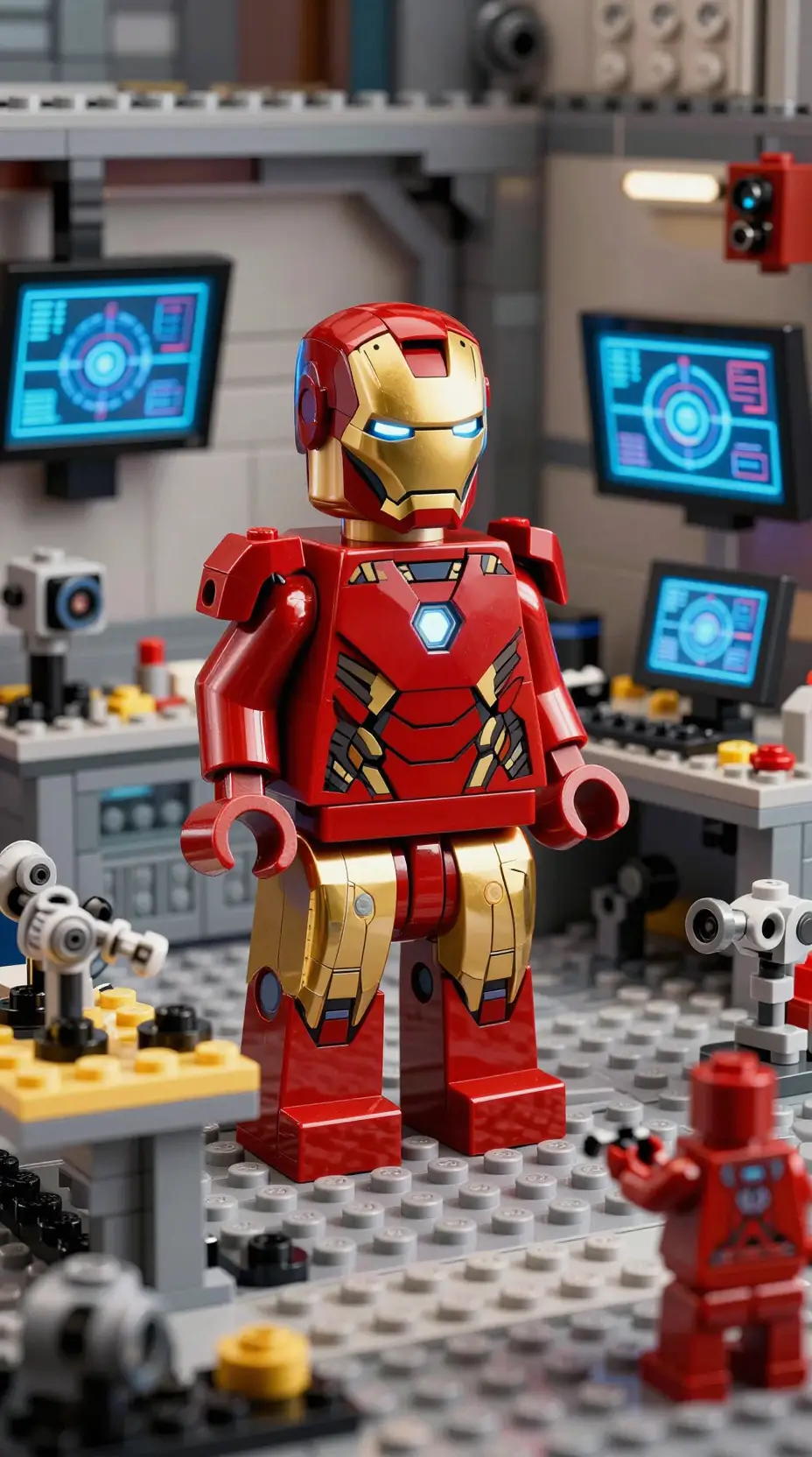 Minifigura Lego do Homem de Ferro em um laboratório futurista