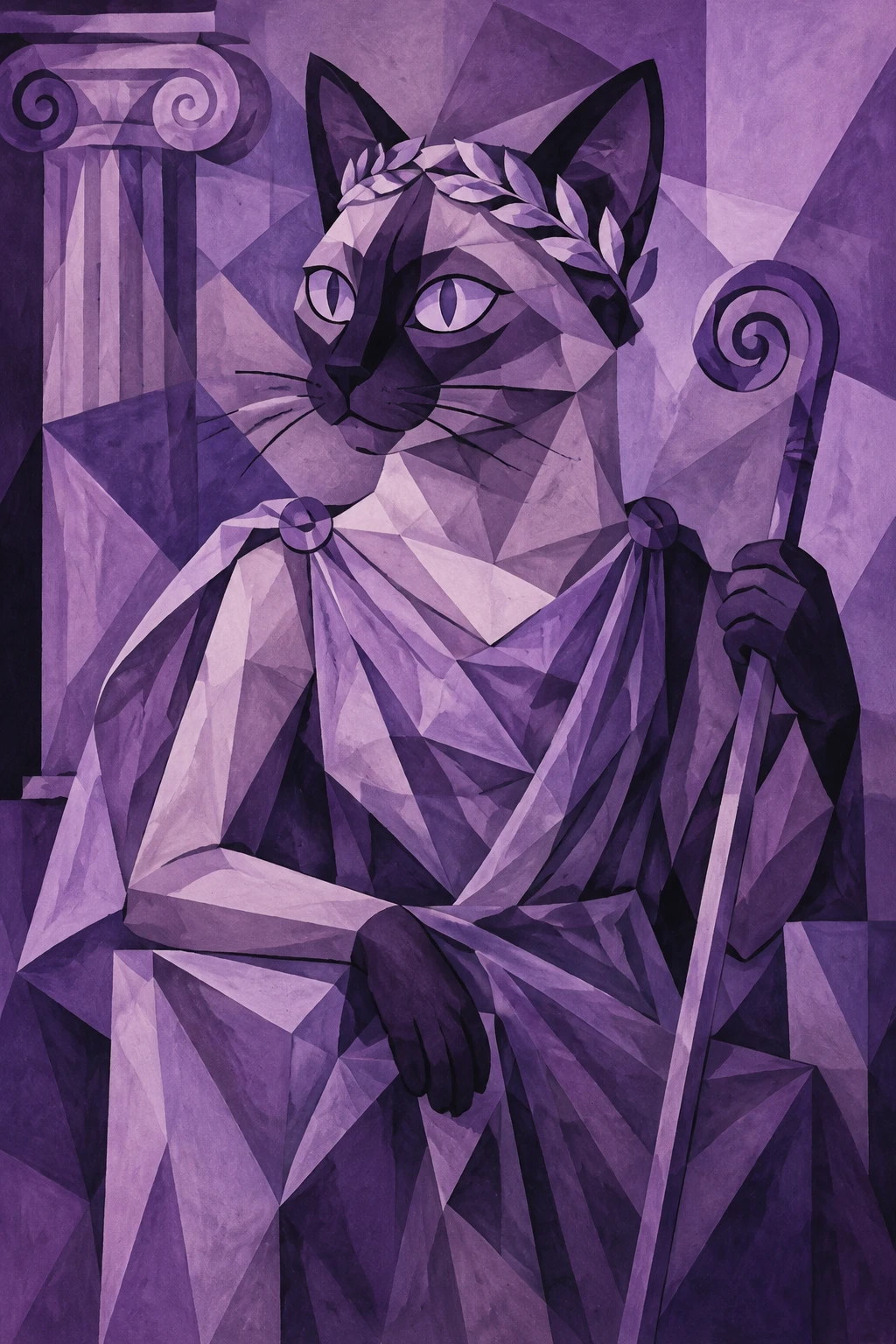 Chat siamois lilas cubiste représenté en déesse grecque