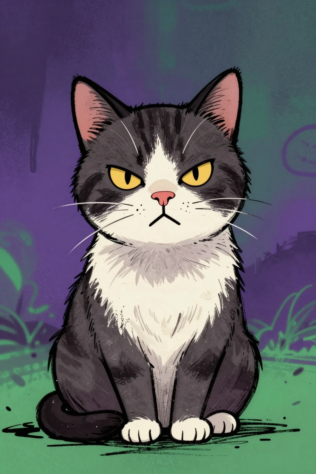 Ilustração de gato em pop art com traços marcantes e fundo de grafite