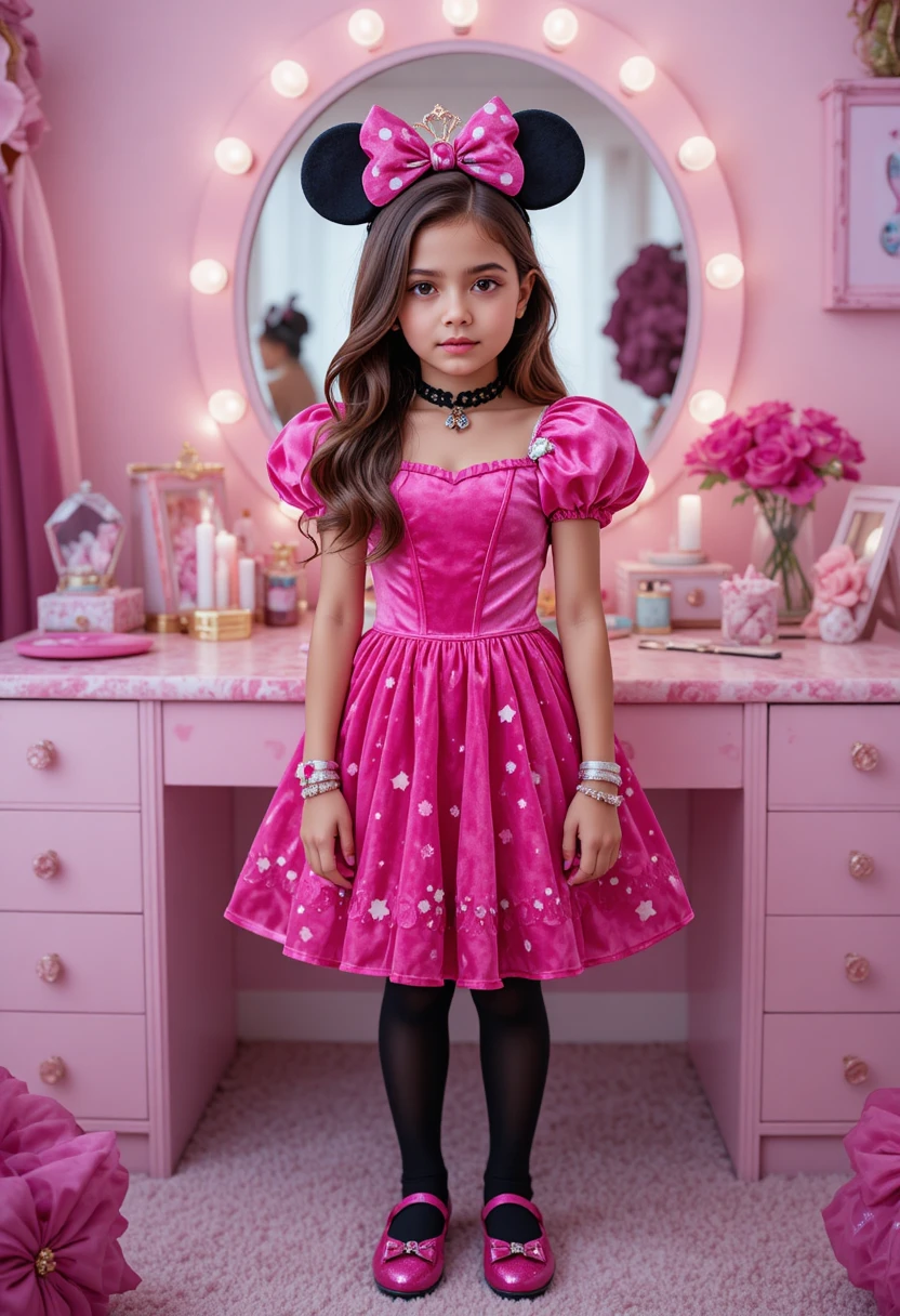 Menino pré-adolescente com fantasia de princesa Minnie na penteadeira do quarto