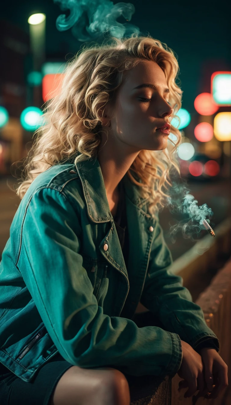 Jovem fumando em rua urbana iluminada por neon à noite
