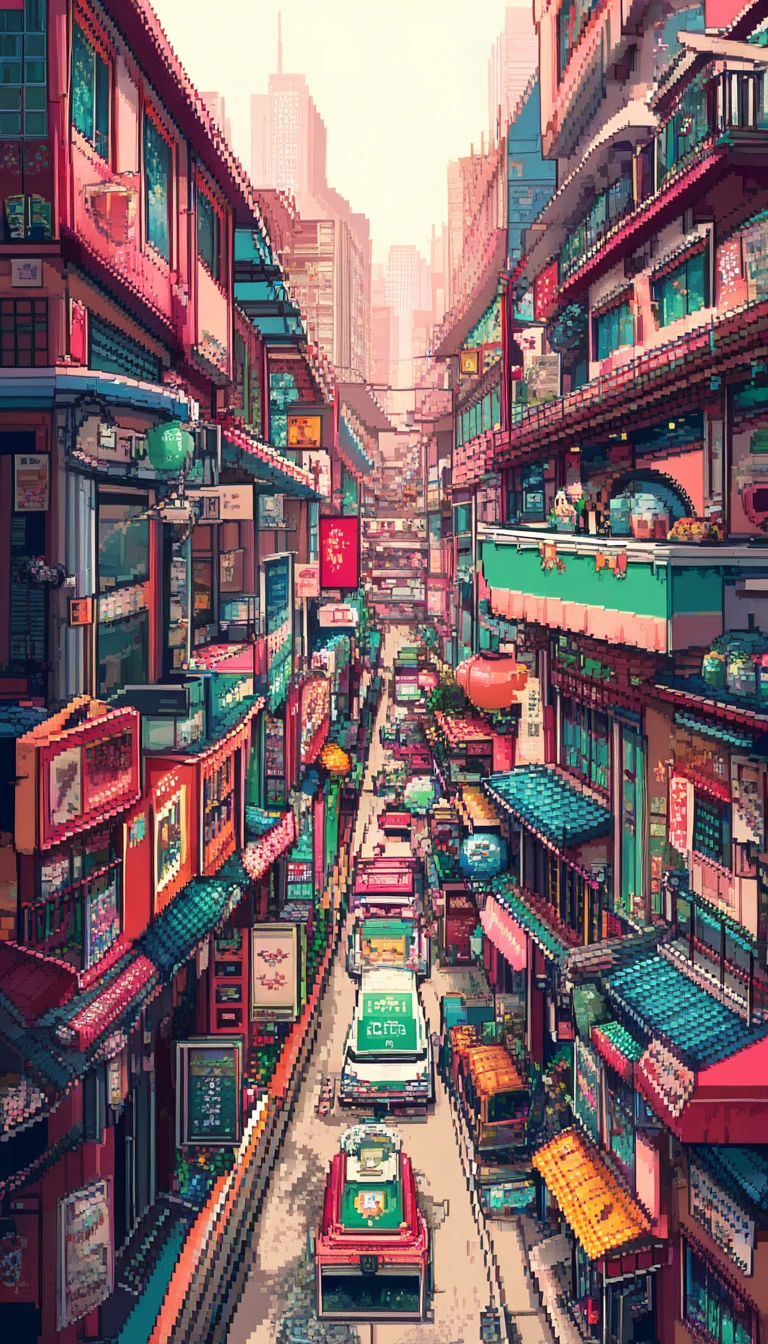 Garota de anime fofa em uma fonte na cidade futurista em pixel art