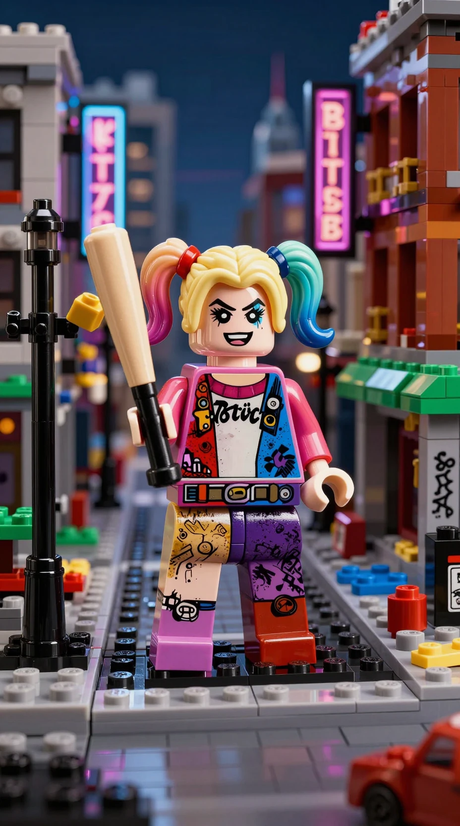 Minifigura Lego da Arlequina em rua caótica de Gotham