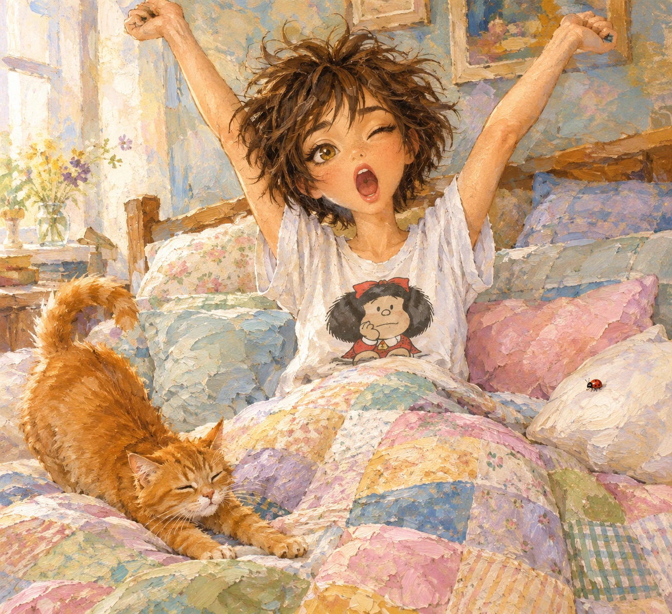 Ragazza assonnata che si stira a letto con un gatto arancione