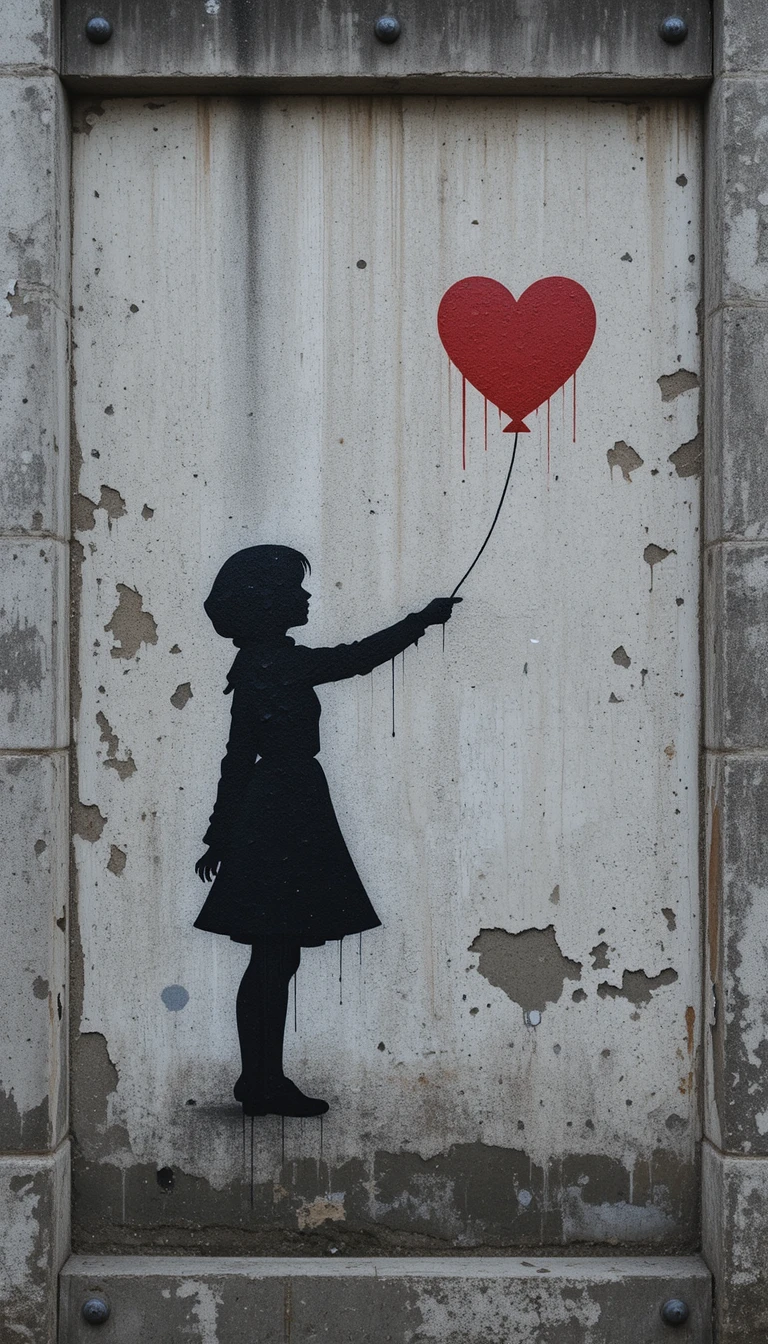 Girl silhouette reaching for red heart balloon mural